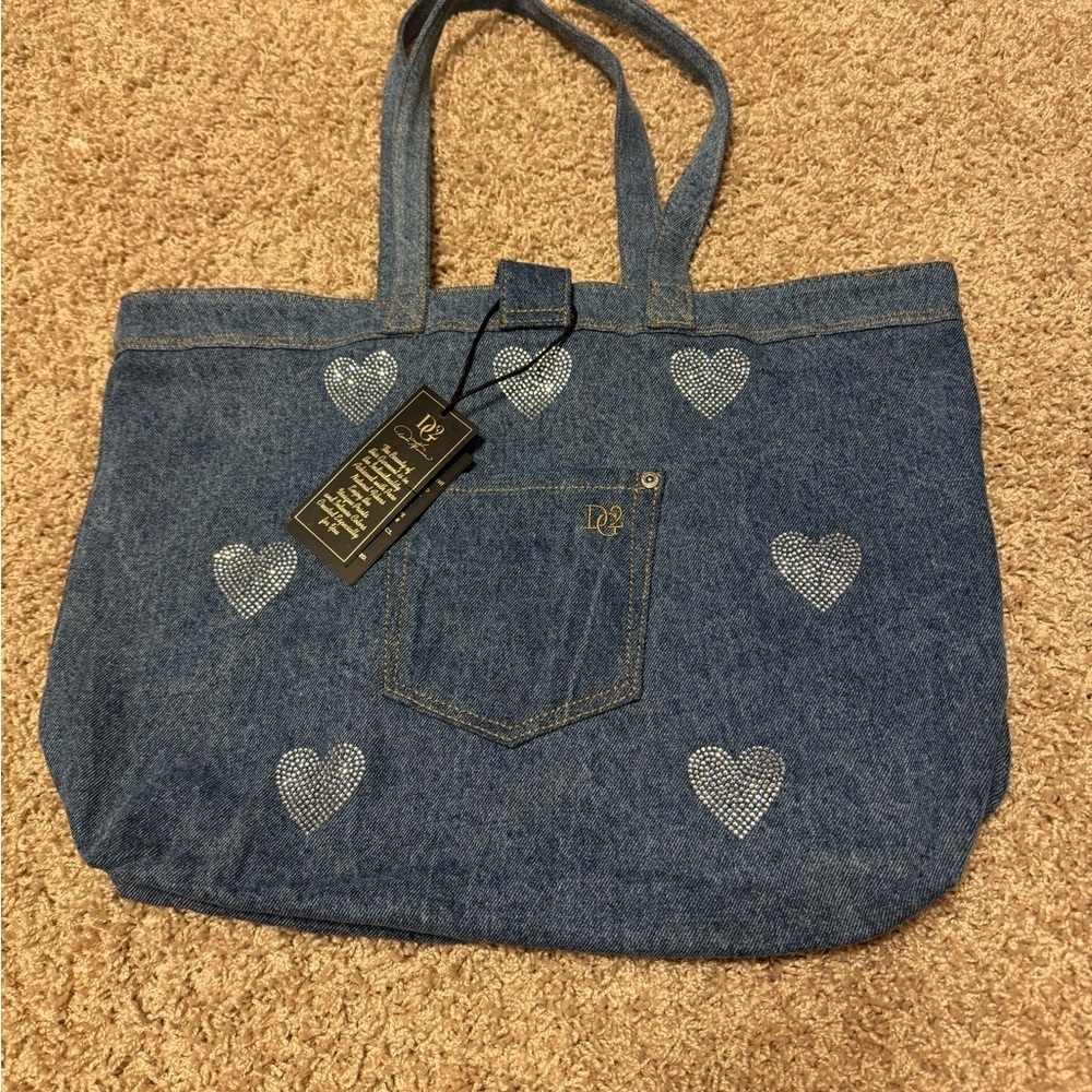DG2 from HSN Blue Denim Tote Bag with Rhinestone Heart Accents New